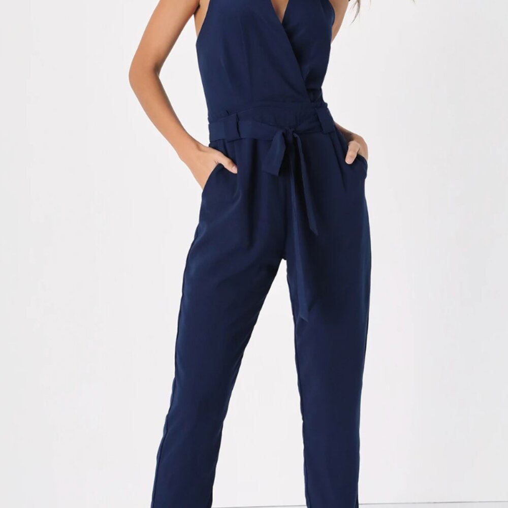 Lulus In the City Navy Blue Surplice Sleeveless Jumpsuit Size Small